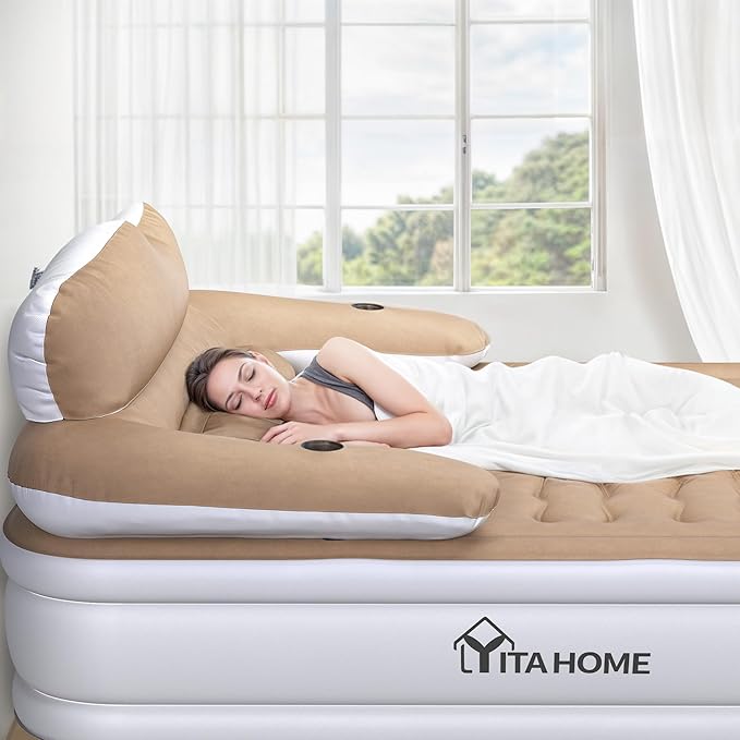 YITAHOME FullXL Size Air Mattress with Headboard 18in Inflatable with Pillow Blow Up Mattress with Removable Electric Pump Comfort Air Bed Queen for Camping &amp Home Brown