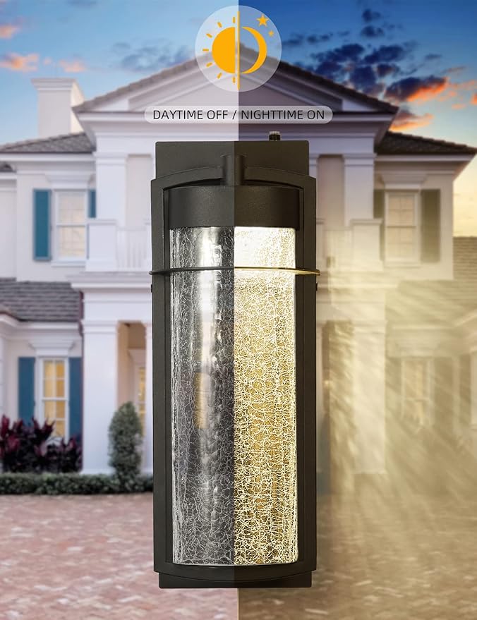 Oil Rubbed Bronze Dusk to Dawn Outdoor Wall Light Fixture LED Porch Light with Crackle Glass 600 Lumen Brown Exterior Light Fixture with Photocell 3000K Outside Lights for House Garage Front Door