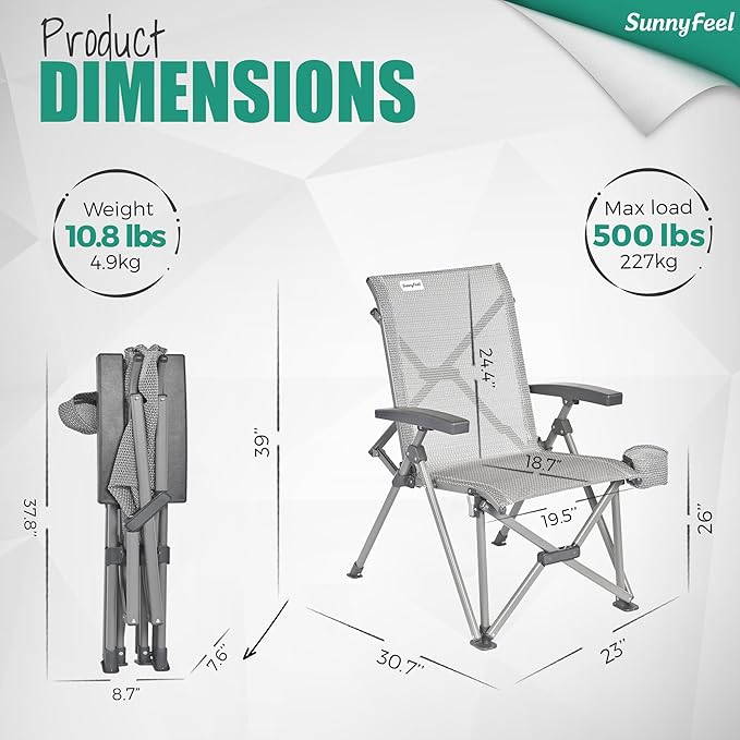 SUNNYFEEL Folding Camping Chair Heavy Duty Ergonomic Chairs Support 500lbs with Adjustable Breathable High Back Support and Cup Holder Aluminum Frame for Fishing Camp Beach Lawn RV Patio