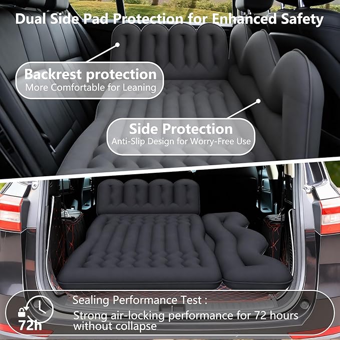 Car Air Mattress Inflatable SUV Truck Camping Mattress for Back Seat Thickened Travel Car Bed Sleeping Pad with 2 Round air-Filled BolsterAir Pump and 2 Pillows (Black)