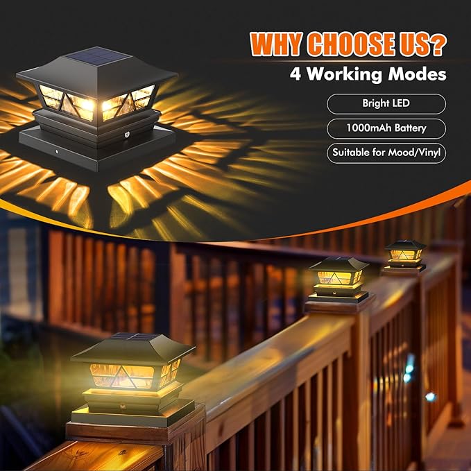 Viewsun Solar Post Lights Outdoor Waterproof RGB Color Changing Modes Fence Post Cap Lights Deck Post Lights Solar Powered for 4x4 5x5 6x6 Wooden or Vinyl Yard Garden Patio Decor Black(8 Pack)
