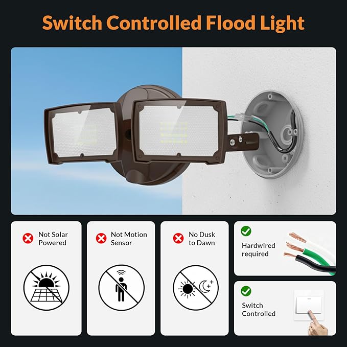 LEPOWER 3000LM LED Flood Light Outdoor Switch Controlled LED Security Light 28W Exterior Lights with 2 Adjustable Heads 5500K IP65 Waterproof for Garage Yard Patio Brown