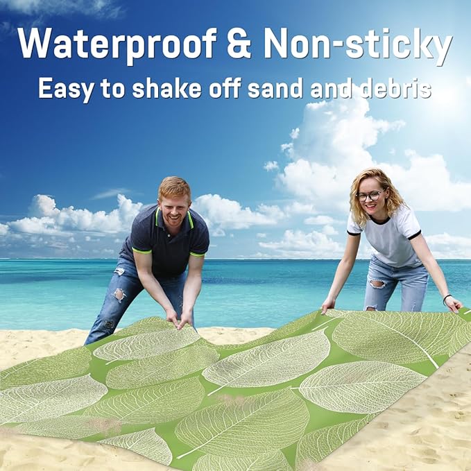 Waterproof Sandproof Beach Blanket 59''×68'' Acacia Leaves Polyester Outdoor Picnic Blanket with 4 Stakes &amp Storage Bag for BeachCampingVacation Green