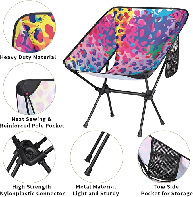 Honeybaby Folding Camping Chair Colorful Leopard Print Camping Chairs Lightweight Portable Chair Outdoor Foldable Chairs for Camping Travel Picnic Beach Hiking