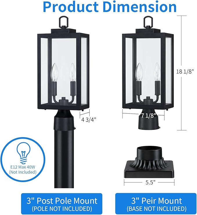 18'' Outdoor Post Light Lamp Post Light Fixture 2-Light Waterproof Modern Outside Post Lantern Column Lights Exterior Pole Lighting Pillar Lantern 1 Pack (Not Include Mounting Base)