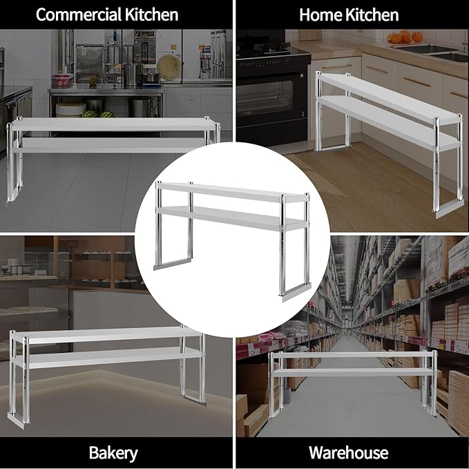 Stainless Steel Double Overshelf 60''L x 12''W Commercial 2 Tier Overshelf Height Adjustable Overshelf for Prep Work Table in Kitchen Restaurant