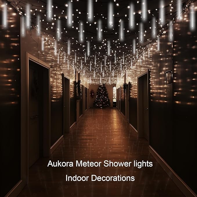 Aukora White Christmas Lights Outdoor UL Plug 24 Tubes 576 LEDs Meteor Shower Light Tandemable Icicle Snow Falling Rain Light for Xmas Tree Halloween Decorations Wedding Party Holiday Garden Decor