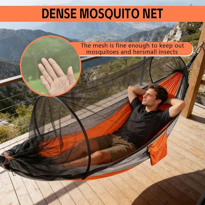 Camping Hammock with Mosquito Net - Double &amp Single Portable Hammocks with 2 Tree Straps Lightweight Hammock Tent for Outdoor Camping Hiking Backpacking Beach &amp Backyard (Orange)