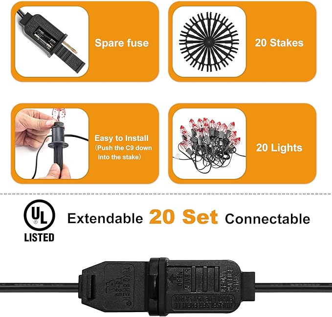 24.2ft Halloween Flame String Lights 20 Lights Halloween Decoration Waterproof Flickering Flame Lights C9 String Pathway Lights with Stakes for Indoor or Outdoor Decor Party