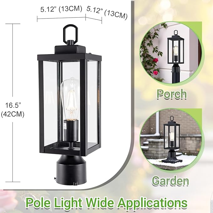 GRUENLICH Outdoor Post Lighting Fixture Pole Lantern E26 Medium Base Max 60W Metal Housing Plus Glass Matte Black Finish Bulb Not Included 1 Pack