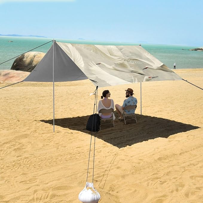White Swan Pattern Beach Tent Sun Shelter 9.2' x 10.5' Beach Canopy with 4 Sandbags 4 Stability Poles Sand Shovels - Tent Canopy for Beach Camping Fishing Picnics