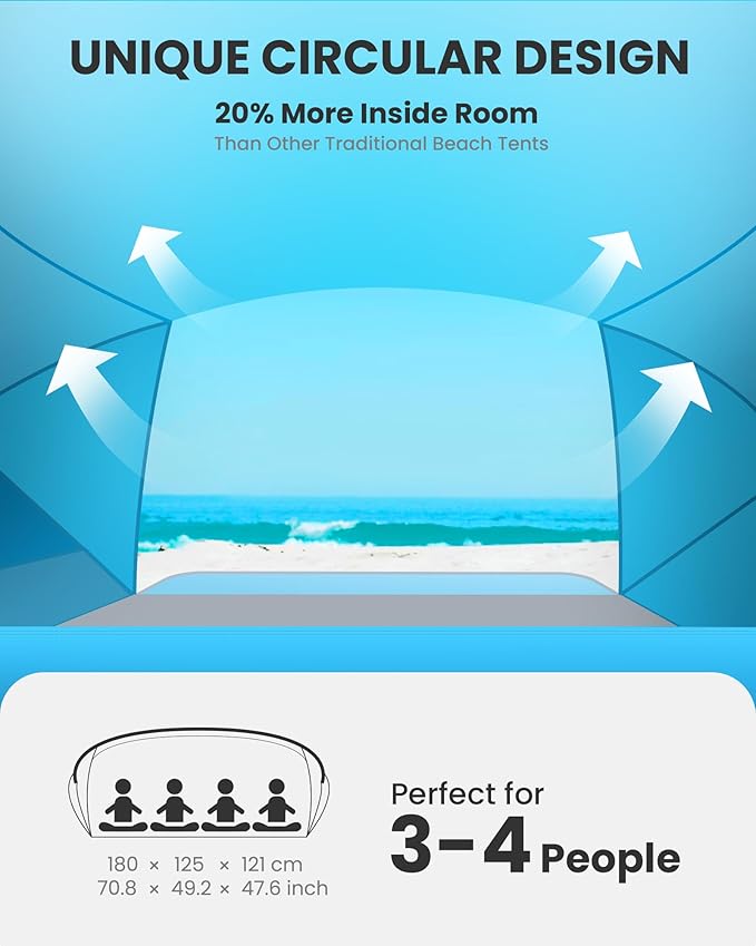 OutdoorMaster Beach Tent for 3-4 Person - Easy Setup and Portable Beach Shade Sun Shelter Canopy with UPF 50+ UV Protection Removable Skylight Family Size-Blue