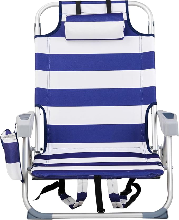 Portable Lightweight Folding Chair for AdultsOutdoor Low Beach Lawn ChairsPortable Backpack Foldable Camping ChairFolding Beach Chairwith Cup Holderfor Patio Pool Yard Garden (Blue Stripes)