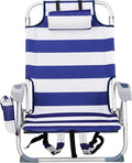 Portable Lightweight Folding Chair for AdultsOutdoor Low Beach Lawn ChairsPortable Backpack Foldable Camping ChairFolding Beach Chairwith Cup Holderfor Patio Pool Yard Garden (Blue Stripes)