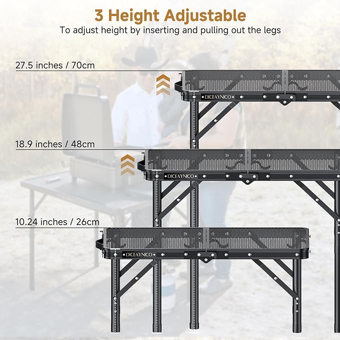 Folding Camping Table 22 x 15 Picnic Table with 3 Adjustable Height Max 27.5 Matte Black Aluminum Folding Table with Handle for Party Dining Garden Patio Market (2-Fold Mesh Tabletop)