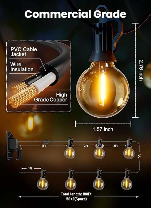 Brightown 108FT 52 LED Solar String Lights Outdoor with Remote &amp USB Port Shatterproof Bulbs Dimmable &amp Timable 3 Light Modes Patio Lights Solar Powered for Camping Backyard Garden Decor