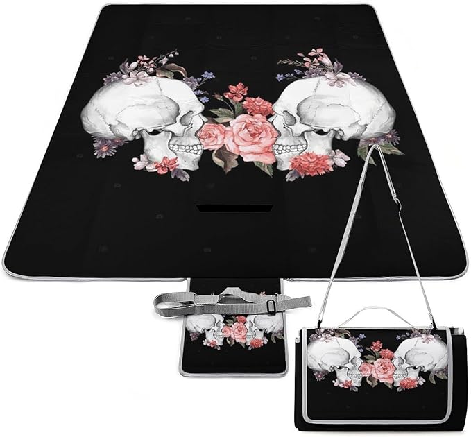 Vintage Halloween Black Victorian Gothic Skull Damask Waterproof Outdoor Picnic Blanket Sandproof Beach Mat for Camping Hiking Grass Travelling
