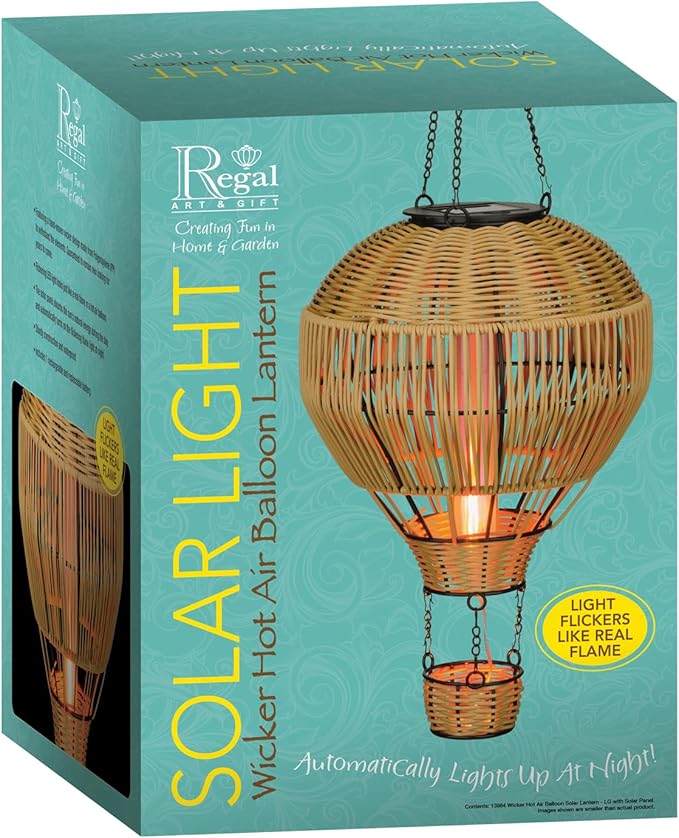 Regal Art &amp Gift Hot Air Balloon Solar Lantern – Hanging Solar-Powered LED Lights Waterproof Portable Decorative Outdoor Lamp Made of Metal &amp Glass for Garden Patios &amp Pathway – Wicker (