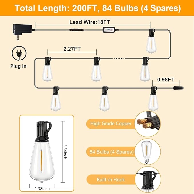 Smart Outdoor String Lights 200FT ST38 LED Patio Lights with Timer Remote APP Control 84 Shatterproof LED Bulbs (4 Spare) Dimmable Waterproof Hanging Light for Backyard Porch Party Decor