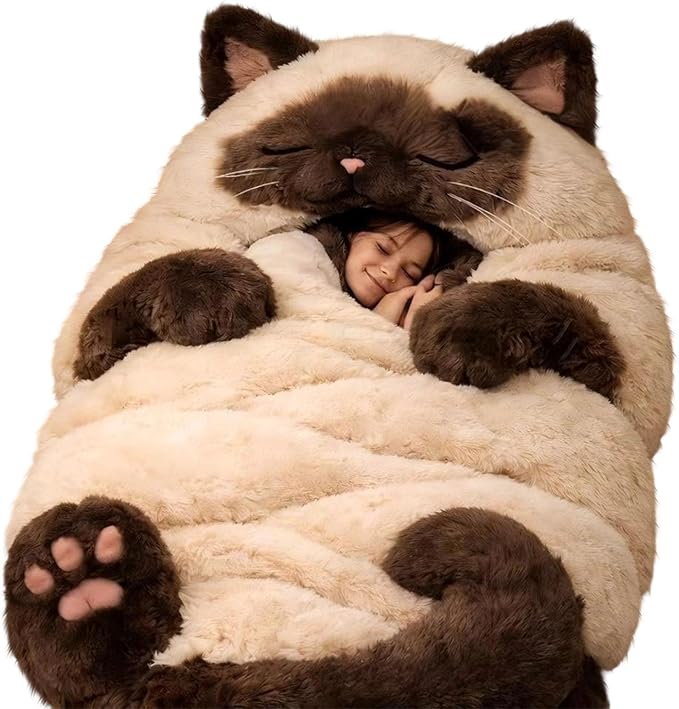Fluffy Cat Sleeping Bag for Adults Plush Cat Shaped Sleeping Bag for Adults Adorable Cats Envelope Sleeping Bags Washable Warm Blanket for Camping and Home Lounging 68.9x31.5 Inch