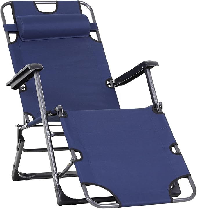 Tanning Chair 2-in-1 Beach Lounge Chair &amp Camping Chair w/Pillow &amp Pocket Adjustable Chaise for Sunbathing Outside Patio Poolside Navy