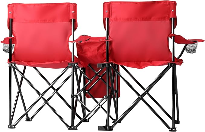 Double Camping Chair for AdultsPortable Outdoor 2-Seat Folding Beach Chair with Removable Sun Umbrella (Cup Holder+Cooler Bag+Mini Table) Support 360 LBS for Camping/Car Trunk/Lawn/Beach/Campfire Red