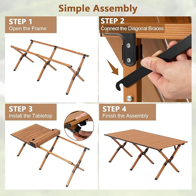 COSTWAY Folding Picnic Table Roll-Up Aluminum Camping Table with Wood Grain Portable Low Height Beach Table with Carry Bag for Camping Picnic BBQ &amp Hiking Easy Assembly Natural (47” x 23” x