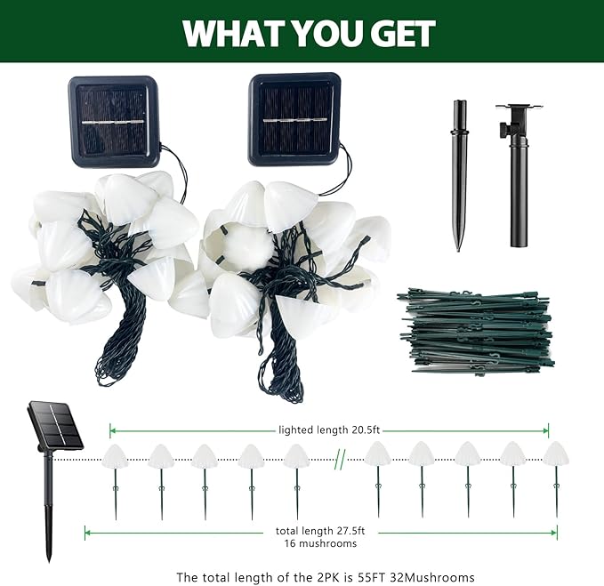 OZS 2PK 32LED 55FT Mushroom Solar Garden Lights Outdoor Solar String Lights Waterproof with 8 Lighting Modes Solar Garden Decor for Outside Pathway Light for Yard Decoration (Cool White)