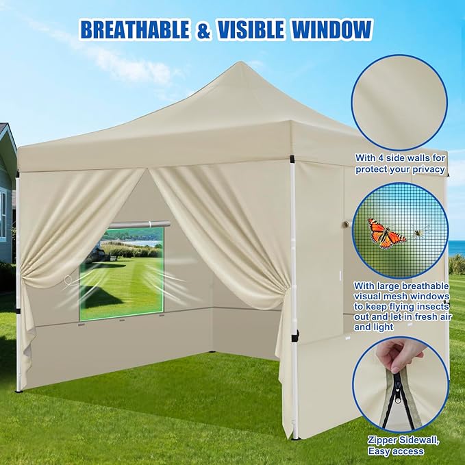 Yesker 10x10 Pop Up Canopy Tent with 4 Sidewalls Portable Folding Outdoor Canopy Easy Setup Gazebo Waterproof Instant Shelter Tent w Wheel Carry Bag sandbag for Events Parties Camping Khaki Brown