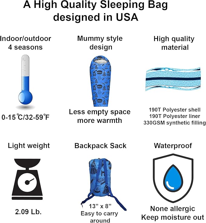 KidzAdventure Mummy Style 32 – 59F Kids Sleeping Bag with Pillow Sleeve 4 Season Lightweight and Backpacking Style Ideal for Camping Sleepover Boys Girls Youth and Toddlers