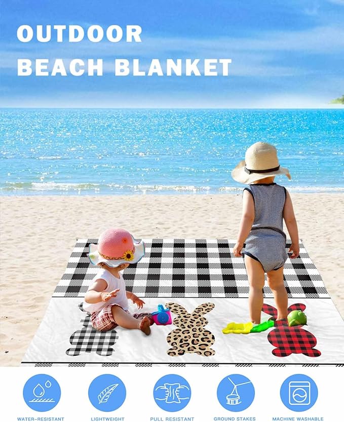 Beach Blanket Waterproof Sandproof Easter Check Leopard Rabbits Silhouette Quick Drying Beach Mat with 4 Stakes Black White Buffalo Lightweight Picnic Blanket for Travel Camping Outdoor 95x80