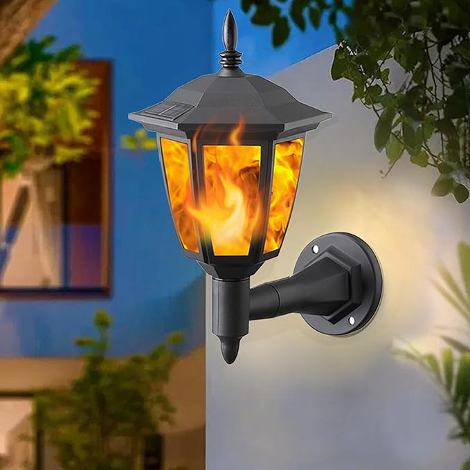 Dynaming 4 Pack Solar Flame Wall Lanterns Outdoor Solar Powered Wall Mounted Sconce Lights Flickering Flame LED Lights Auto On/Off Wall Hanging Lights Waterproof for Garage Stair Patio Porch Yard