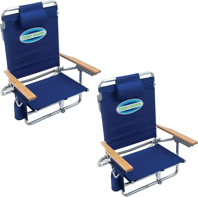 Tommy Bahama 2-Pack 5-Position Classic Lay Flat Backpack Beach Chair with Cooler and Cup Holder Portable Folding Beach Chair for Tanning Navy