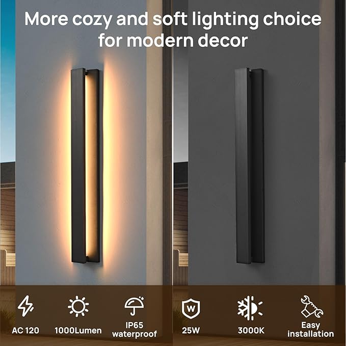 31.5 in Modern Outdoor Wall Light Fixtures 3000K LED Exterior Lighting Fixtures Long Black Outside Porch Light for House Garage Patio Door2 Pack