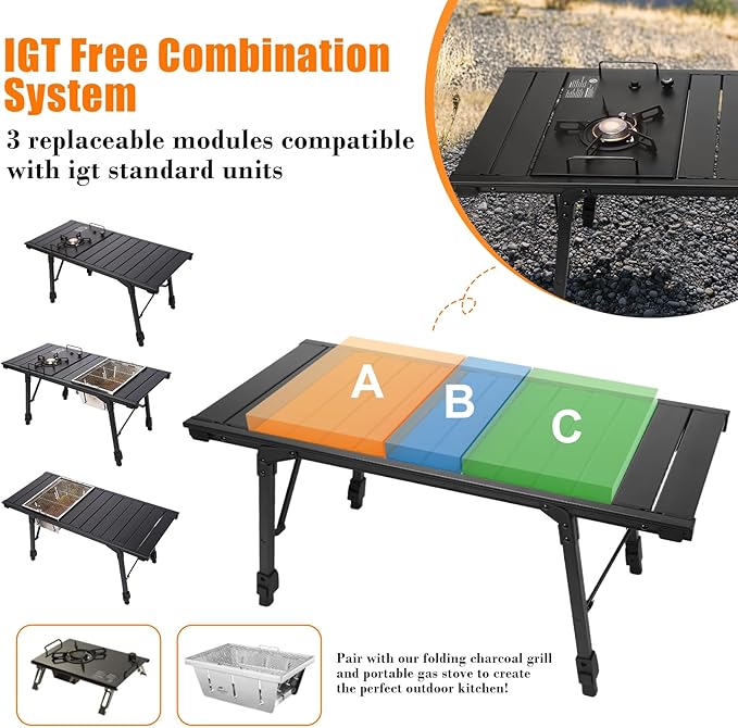 Folding Camping Table + Camping Stoves + Charcoal Grill Outdoor IGT Cook System with Carry Bag IGT Table for BBQ Beach Backyard