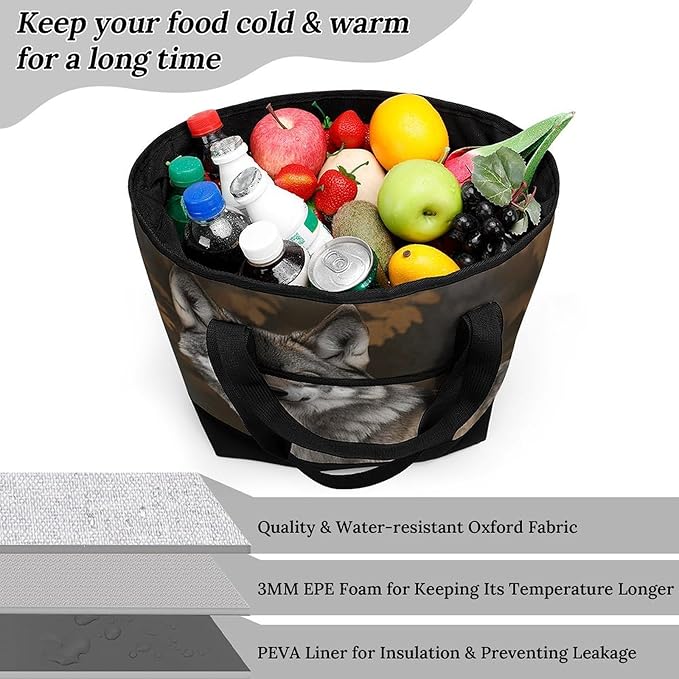 Insulated Shopping BagLarge Reusable Cooler Bags Wild Wild Gray Wolf Printed Foldable Shopping BagTravel Waterproof Shoulder Bag