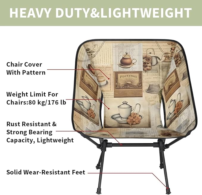 Honeybaby Folding Camping Chair Coffee Theme Camping Chairs Lightweight Portable Chair Outdoor Foldable Chairs for Camping Travel Picnic Beach Hiking