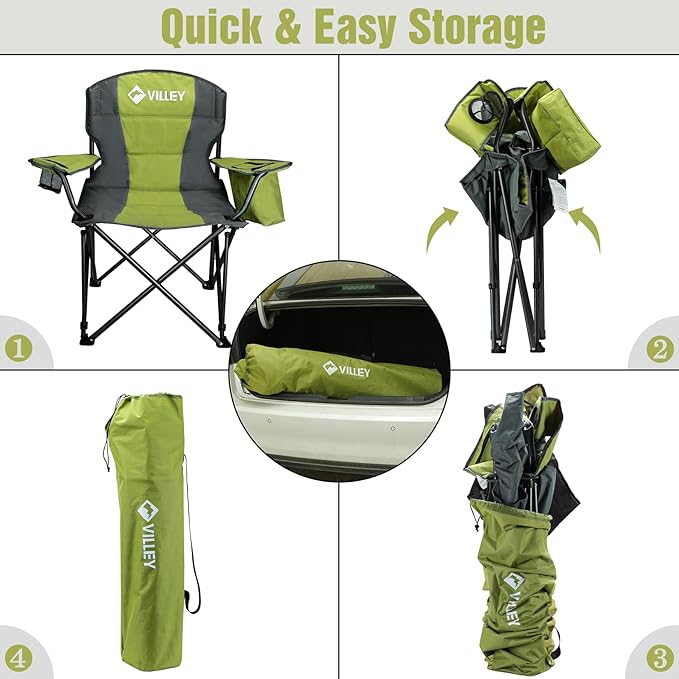 VILLEY Camping Chair Oversized Folding Camp Chair Portable Outdoor Chairs Support 400 LBS with Padded Seats Cooler Bag Cup Holder Carry Bag Green
