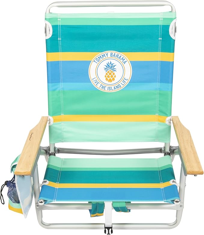 Tommy Bahama 5-Position Classic Lay Flat Backpack Cooler and Cup Holder Beach Chair Portable Folding Beach Chair for Tanning 2-Pack Stripe