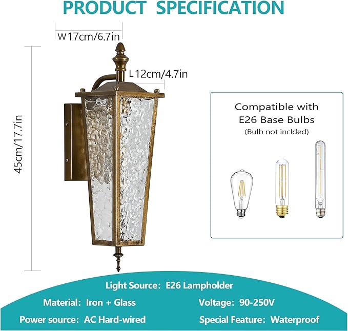 2-Pack Outdoor Wall Light Fixtures Vintage Gold Waterproof Exterior Wall Lantern with E26 Socket &amp Glass Shade Farmhouse Porch Sconce Lighting for Garage Patio Front Door Entryway