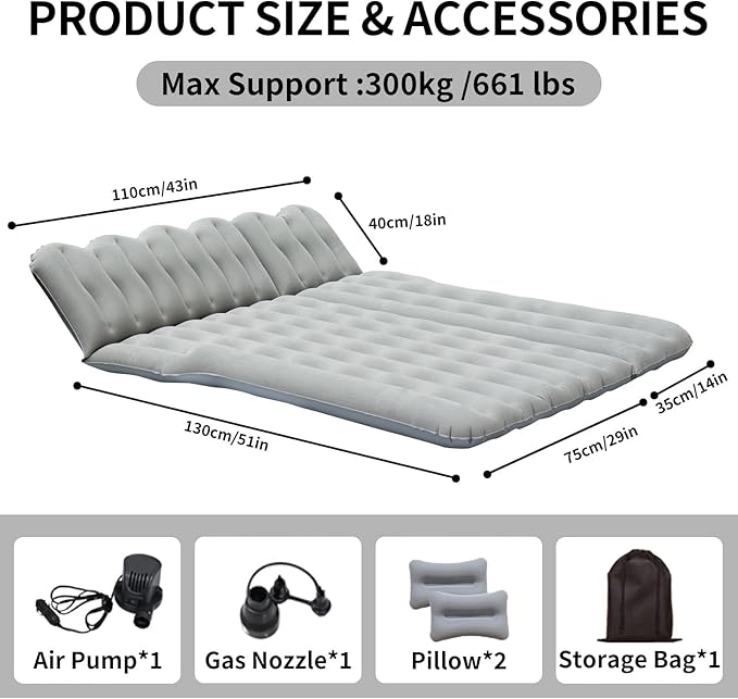 Car Air Mattress Inflatable SUV Truck Camping Mattress for Back Seat Thickened Travel Car Bed Sleeping Pad with Air Pump 2 Pillows (SUV-Grey SUV Air Mattress)