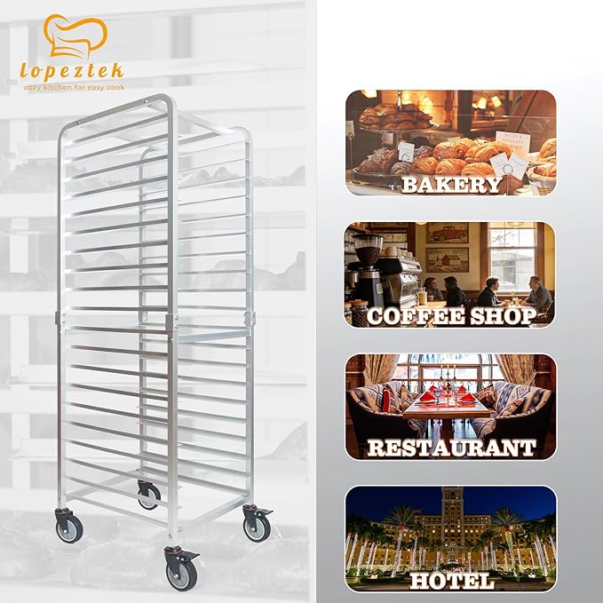 20-Tier Half &amp Full Sheet Bun Pan Rack - Bread Bakers Rack for Commercial Kitchen Rolling Baking Cart with Brake Wheels 26 L x 20.3 W x 68.3 H