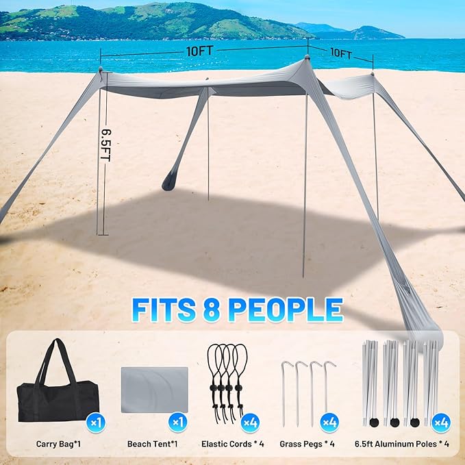 BOTINDO Family Beach Tent Canopy Sun Shade Pop Up Grande Beach Tent Sun Shelter Stability 4 Poles with Portable Carry Bag Outdoor Shade for Fishing Backyard Camping