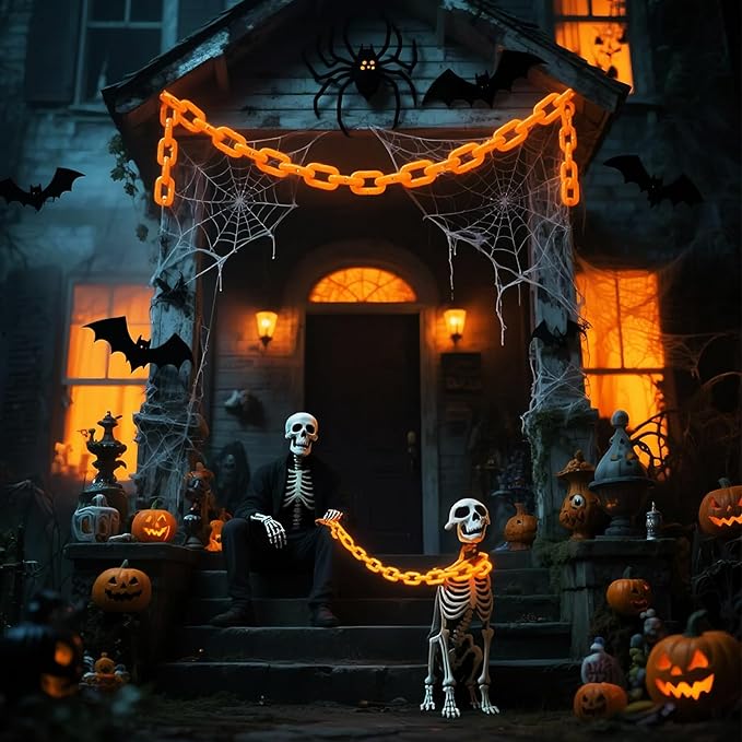 Solar Halloween Chain String Lights Decoration Upgraded 10Ft 160LED Orange Plastic Lights with 8 Lighting Modes for Indoor Outoor Halloween Party Cosplay Haunted House Spooky Decor