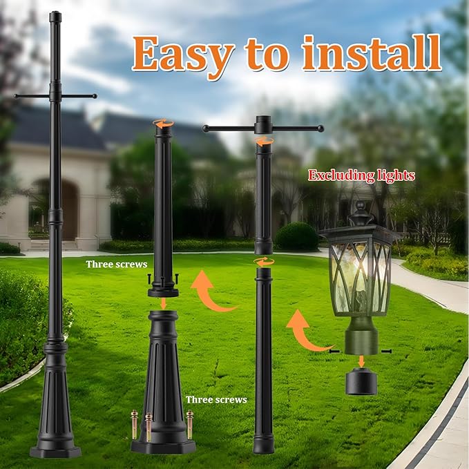 76 Vintage Cast Aluminum Lamp Post with Crossbars Matte Black Weather Resistant Coating - Outdoor Lighting Pole for Porch Yard Garden Pathway