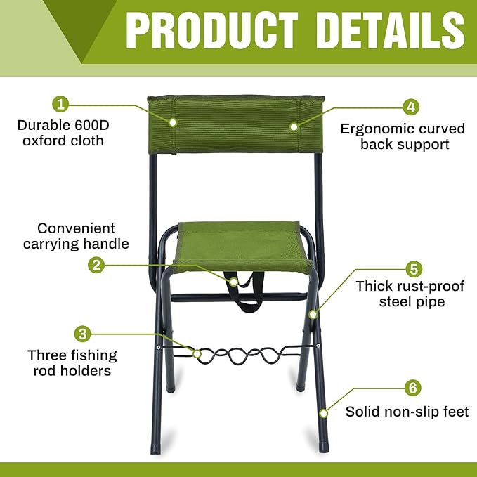 Wenqik 2 Pcs Summer Folding Fishing Chair with Rod Holder Hunting Camping Chairs for Adults Outdoor Portable Folding Chair for Men Women Ice Fishing Lawn Patio Garden Beach Gifts(Green)