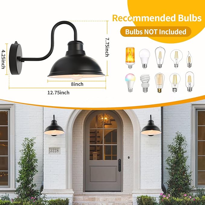 Dusk to Dawn Outdoor Wall Sconces Exterior Farmhouse Gooseneck Barn Light Vintage Matte Black Outside Wall Mount Light Fixture Anti-Rust Waterproof Outdoor Light for Porch Garage