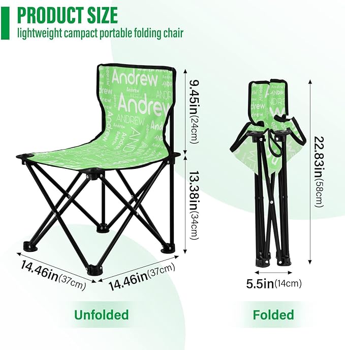 Sinestour Pale Green Custom Folding Camping Chair for Teen Child Personalized Name 14.6×14.6in Portable Outdoor Chair with Carry Bag for Picnic Lawn Travel