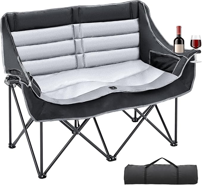 Slsy Oversized Double Camping Chair Folding 2 Person Camping Chair Loveseat Fully Padded Duo Chair Camping Couch Fold Up Double Camp Chair Lawn Chairs Camping Bench with Carrying Bag