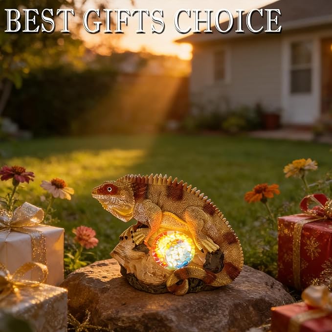 Solar Chameleon Garden Statues Decor for Outdoor Khaki Chameleon Figurine Lights for Lawn Patio Yard Decoration - Unique Christmas Housewarming Gifts for Grandma Wowen Mom